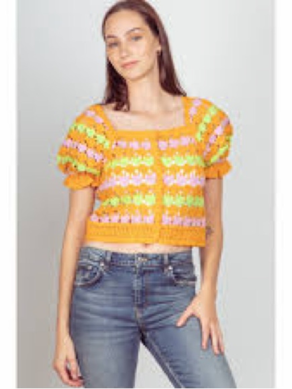 New in Cropped Puff-Sleeve Knit Top in Orange with Pink & Lime Accents